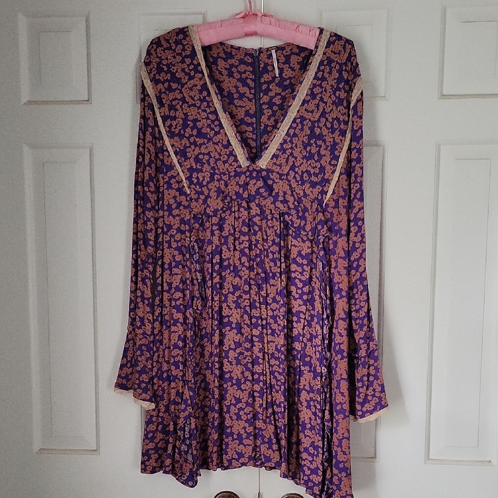 Free People Womens Floral Babydoll Bell Cuff Mini Dress Prairie Lace Sz L
